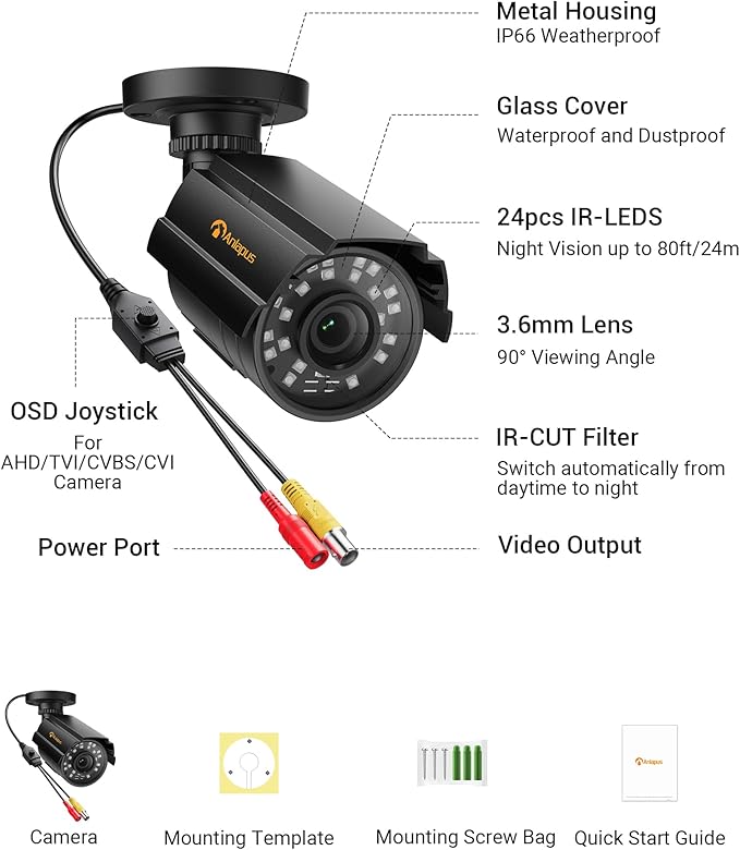 Anlapus 1080P Hybrid 4 in 1 Security Camera, HD TVI/CVI/AHD/CVBS Indoor Outdoor CCTV Bullet Cam, Metal Housing, IP66 Weatherproof, 80ft Night Vision, for 960H,720P,1080P,5MP,4K Analog Surveillance DVR