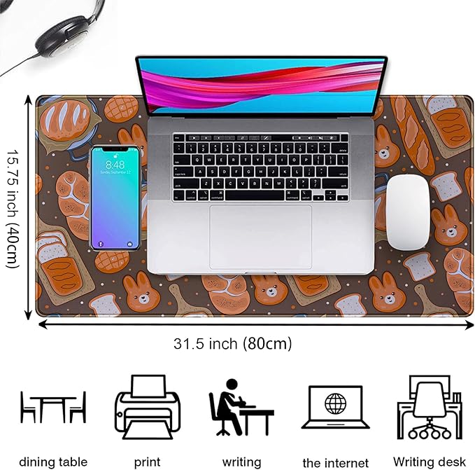 Kawaii Desk Mat Cute Mouse Pad Large Gaming Desk Pad, Bunny Bread Keyboard Mat Extended, Full Desktop Computer Mouse Mat XXL, Pastries Food Desk Decorations for Women Office 31.5x15.7 Inch
