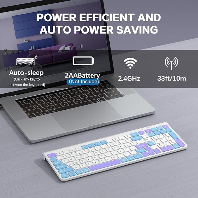 GAMCATZ Colorful Wireless Keyboard with Low-Profile Keys-Soft Touch,Cute,Quiet Design,Windows & Mac OS，Office Cordless Slient Computer Keyboard for Desktop,Laptop, PC, Mac, Windows-Purple Blue White