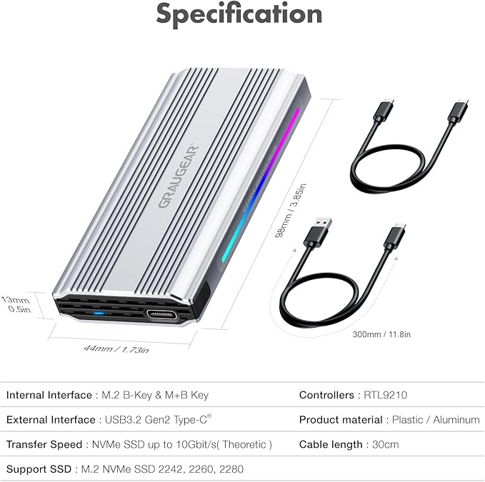 GRAUGEAR M.2 NVMe SSD Enclosure, 10Gbps USB3.2 Gen2 Tool-Free Aluminum External M2 Solid State Drive RGB Enclosure USB C, RTL9210 External Case for PCIe NVMe M-Key B+M Key [G-M901-AC-10G]