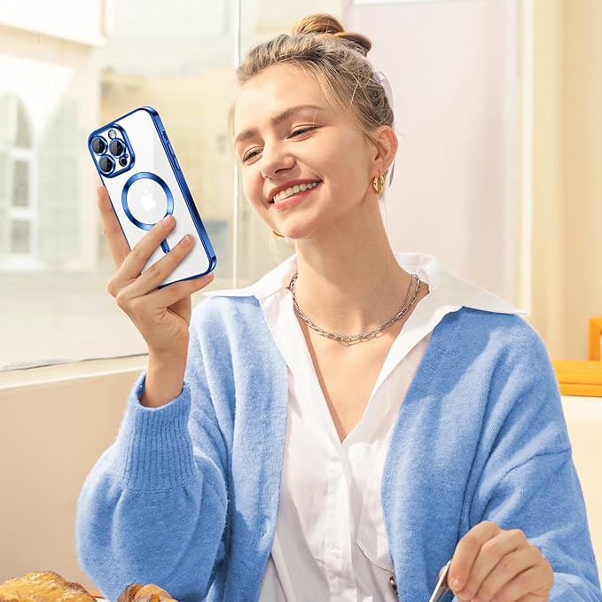 Hython Magnetic Clear for iPhone 14 Pro Case with Camera Lens Protector [Compatible with MagSafe] Luxury Plating Edge Slim Soft TPU Cover Protective Phone Case for iPhone 14 Pro 6.1", Deep Blue