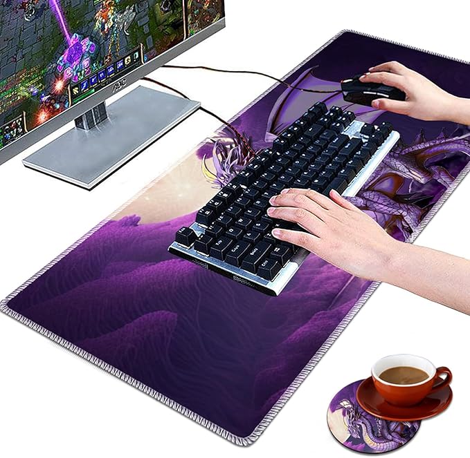 Large Gaming Mouse Pad Plus a Coasters + Cable Clips, Purple Dragon Extended Mousepad (31.5 x 11.8) with Stitched Edge, Foldable Computer Keyboard Desktop Mouse Mat for Home Office