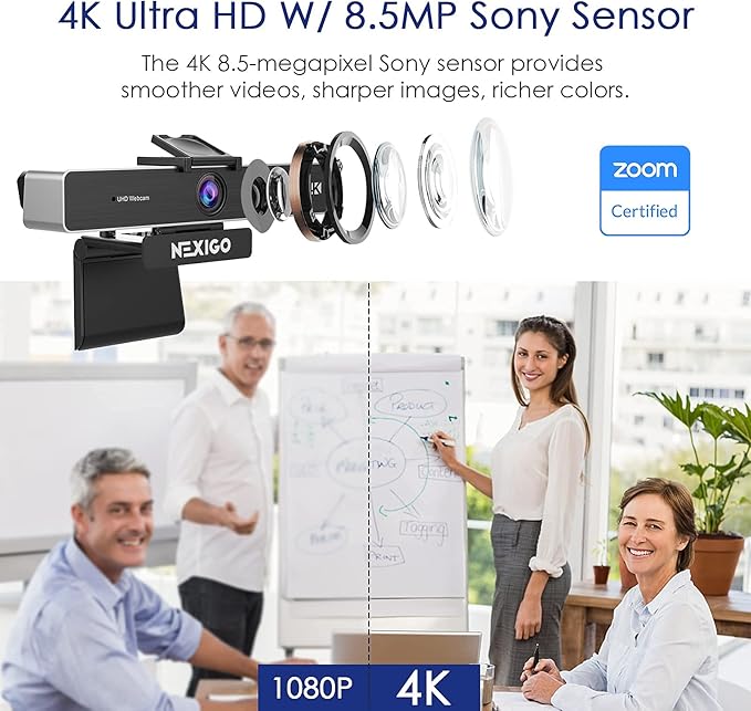 NexiGo 4K Zoomable Webcam Kits, N950P UHD 2160P Webcam with Remote, Sony Starvis Sensor, 5X Digital Zoom, Upgraded Video Conference Lighting, Extendable Tripod Stand, for Zoom/Skype/Teams