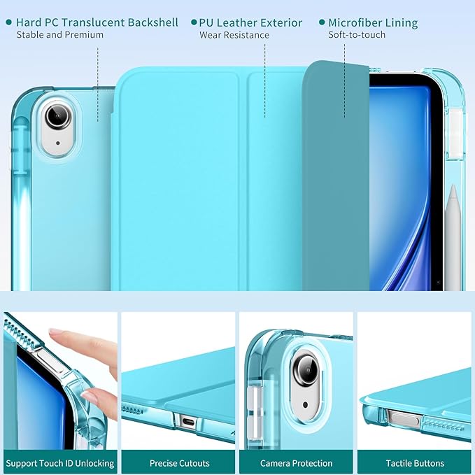 MoKo for iPad Air 11 inch Case (M4/M3/M2) 2026/2025/2024, iPad Air 5th/4th Gen 10.9 inch Case 2022/2020 with Pencil Holder, Slim Light Trifold Cover with Hard PC Translucent Back Shell, Azure