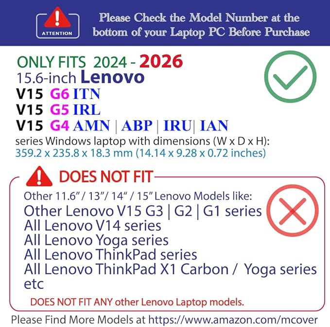 mCover Case ONLY Compatible for 2024-2026 15.6" Lenovo V15 G4 / G5 / G6 Series Windows Notebook PC(with 180° Hinge, NOT Fitting Any Other Lenovo Models)- Pink