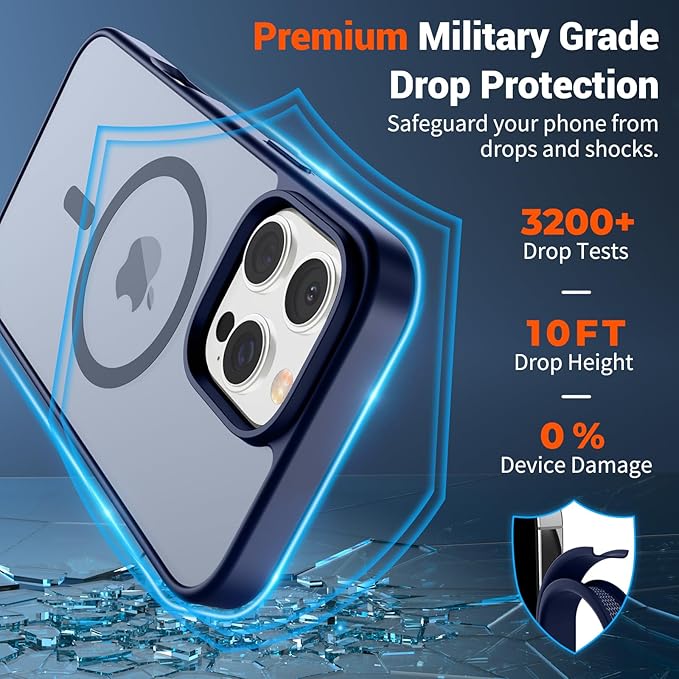 SUPFINE Magnetic for iPhone 16 Pro Case (Compatible with MagSafe) (Military Grade Drop Protection) Slim Translucent Matte Shockproof with Anti-Fingerprint Phone Case,Navy Blue