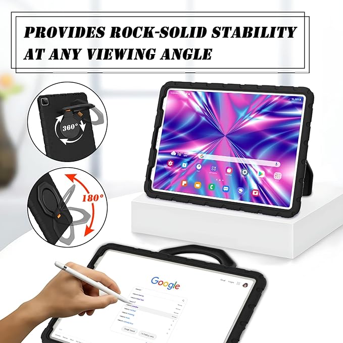 for iPad Pro 12.9 Case 3rd 4th 5th 6th Generation with Pencil Holder & 360° Rotating Handle Stand, New Cute Rugged Cover for iPad Pro 12.9 inch 2022/2021/2020/2018 - Black