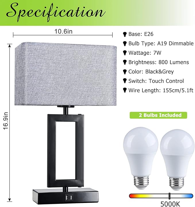 Touch Control Bedside Lamps for Bedrooms Set of 2 Table Lamps for Nightstand with Dual USB Ports, 3-Way Dimmable Modern Desk Lamps for End Table Living Room Office Home Study Room, Grey&Black