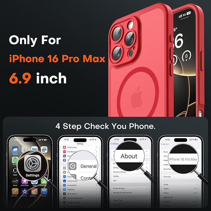TOCOL for iPhone 16 Pro Max Phone Case Compatible with Magsafe Full Camera Protection Drop Protection Magnetic Translucent Matte Back Bumper Phone Case for 16 Pro Max 6.9-Inch (Red)