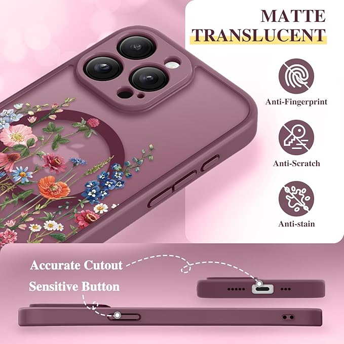 GVIEWIN for iPhone 15 Pro Case Compatible with MagSafe, [Military Grade Protection] [Screen Protector] Full Camera Protection Floral Translucent Women Magnetic Phone Case, Wild Petals/Red