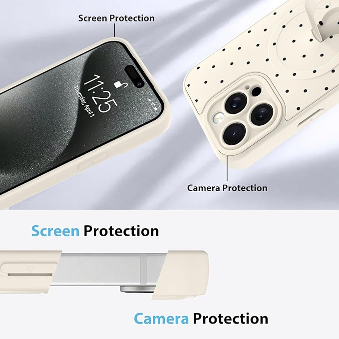 KANGHAR Compatible with iPhone 15 Pro Case, Support for MagSafe, Silicone Spot Cute Pattern, Wristband Kickstand Camera Protection Soft Slim Cover for Girls Women -White