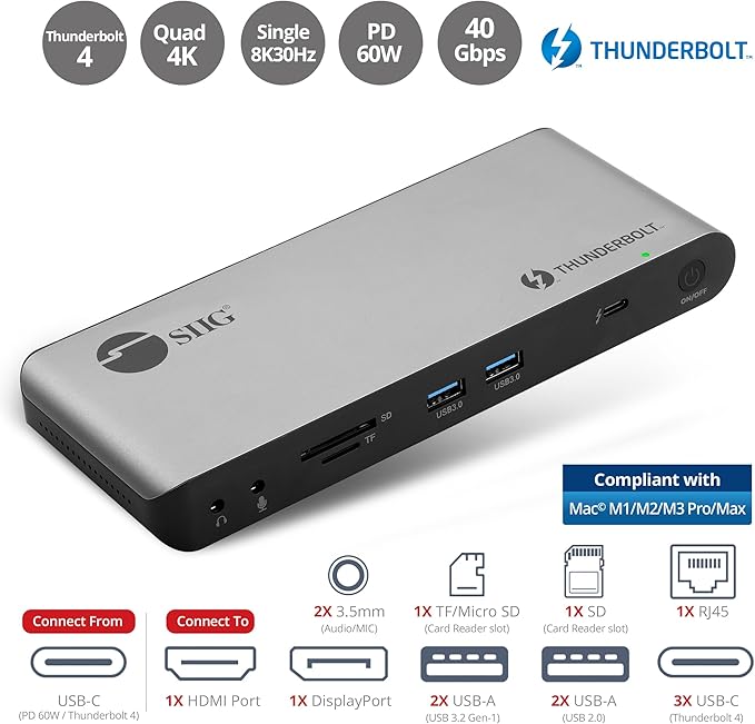 SIIG Thunderbolt 4 Docking Station - Quad 4K / Single 8K, 60W PD, 3X TB4 40Gbps (USB-C), 2X USB-A 5G, Gigabit Ethernet, Support Mac M1/M2/M3 Pro/Max & Windows (Intel/AMD/Snapdragon) (JU-DK0U11-S1)