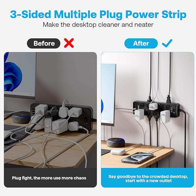 Power Strip Surge Protector Flat Plug with 20 AC Outlets 6 USB Chagring Ports, 1875W/15A, 2700J, 15 Feet Heavy Duty Extension Cord for Home, Office, Dorm, Gaming,ETL Listed (Black, 15FT)