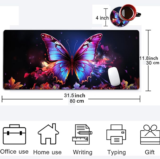 Large Mouse Pad, 31.5 x 11.8in Extended Gaming Mouse Pad with Stitched Edges, XXL Mousepad Protector Non Slip Rubber Base for Office and Home Writing Mat, Colorful Butterflies Pattern Black Desk Mat