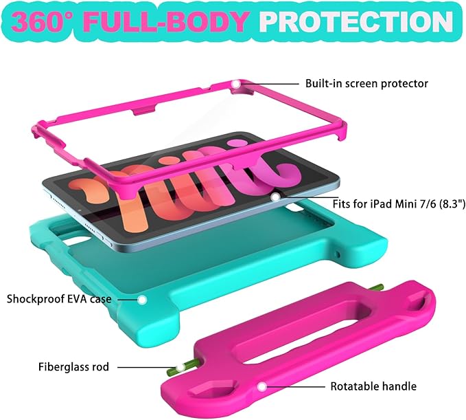 YIHE Kids Case for 8.3 inch iPad mini 7 (A17 Pro) 2024 & iPad mini 6 (A15) 2021, Shockproof Cases for iPad mini 7th/6th Generation with Built-in Screen Protector & Handle Stand, Cyan&Pink