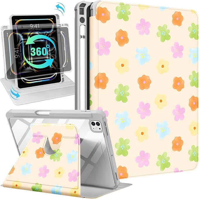 Uppuppy for iPad Pro M4/M5 Case 13 inch - 360 Degree Rotating Stand Folio Smart Cover with Pencil Holder for Women Girls, Colorful Flowers for iPad Pro 13 inch Case 2024 M4/2025 M5