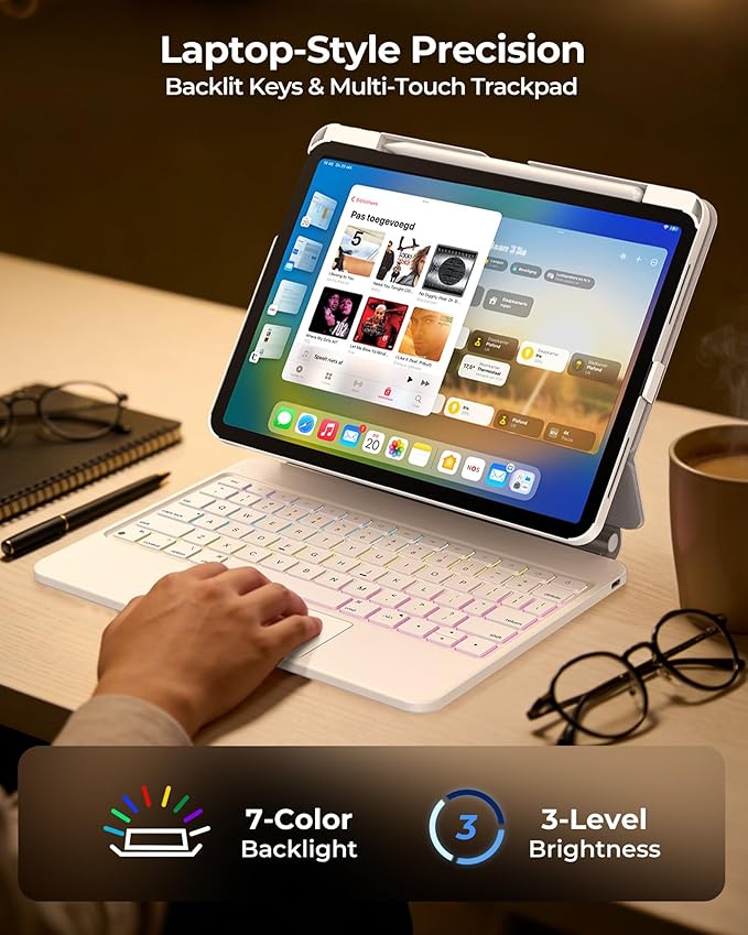 SIBEITU for iPad Air 11 Inch Case with Keyboard M4/M3/M2 (2026/2025/2024) & iPad Pro 11” 2018-2022/Air 5th/4th Gen, Detachable Case with Contact Connector, Magnetic Stand, Backlit Keyboard, White