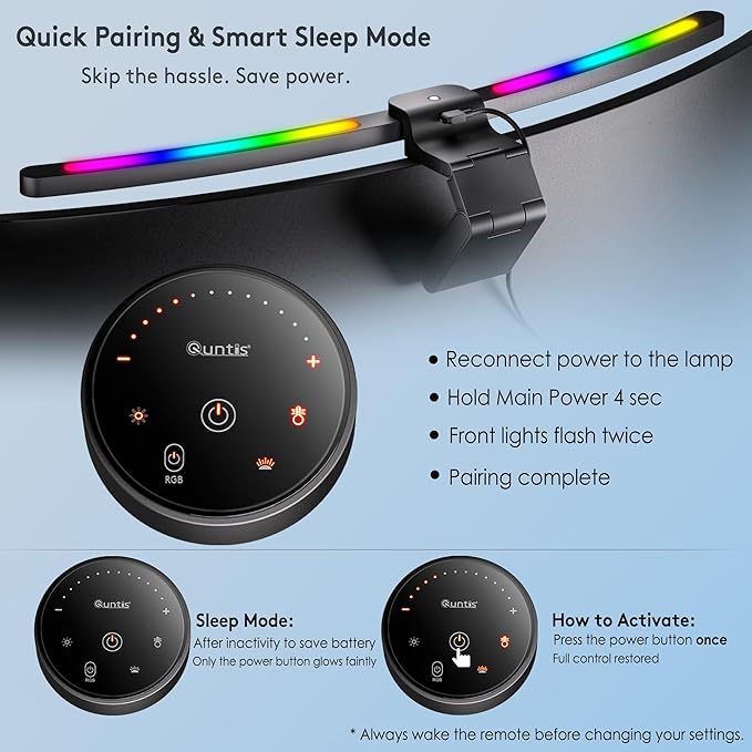 Quntis Curved Monitor Light Bar 15 RGB Backlight for 34"+ Screens, Computer Bar Lights Fold Dual Light with Color Temperature Brightness Stepless Dimming, No Glare Desk Lamp for Home Office Gaming