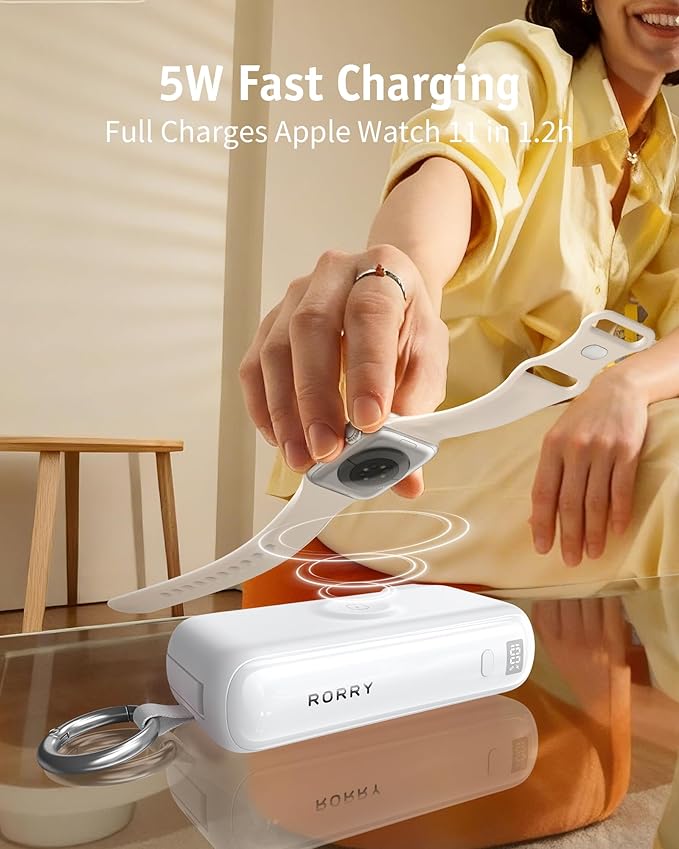 RORRY Flow Portable Charger, 10000mAh 40W Fast Charging Power Bank with Built-in USB C Cable and Foldable Wall Plug, Battery Pack Travel Essentials for iPhone 17/16/15, Apple Watch, iPad, MacBook