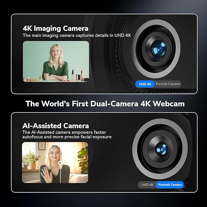 EMEET Piko 4K Webcam for Streaming, World’s 1st Dual-Camera AI-Powered 4K Camera w/AI Autofocus, 3 Mics Array&3 Sound Modes, USB Webcam with Clip, Great for Streaming, Desk Setup