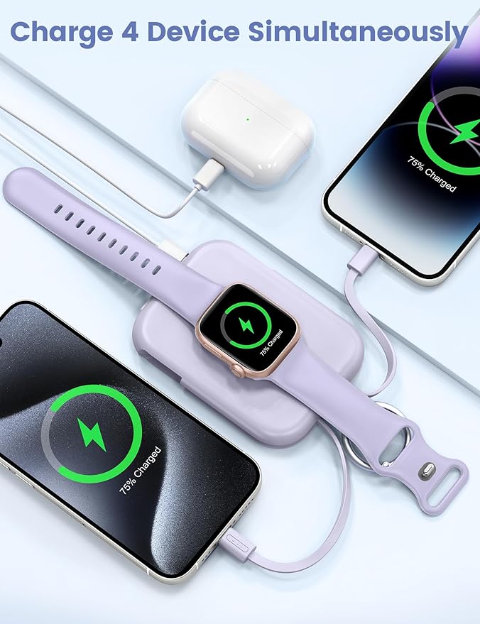 RORRY Portable Charger, 5000mAh Portable Charger Power Bank with Built-in Cables, Travel Keychain Battery Pack for Apple Watch Ultra/11/10/9/8/7/6/SE, iPhone Air/17/16/15/14/13/12, Purple