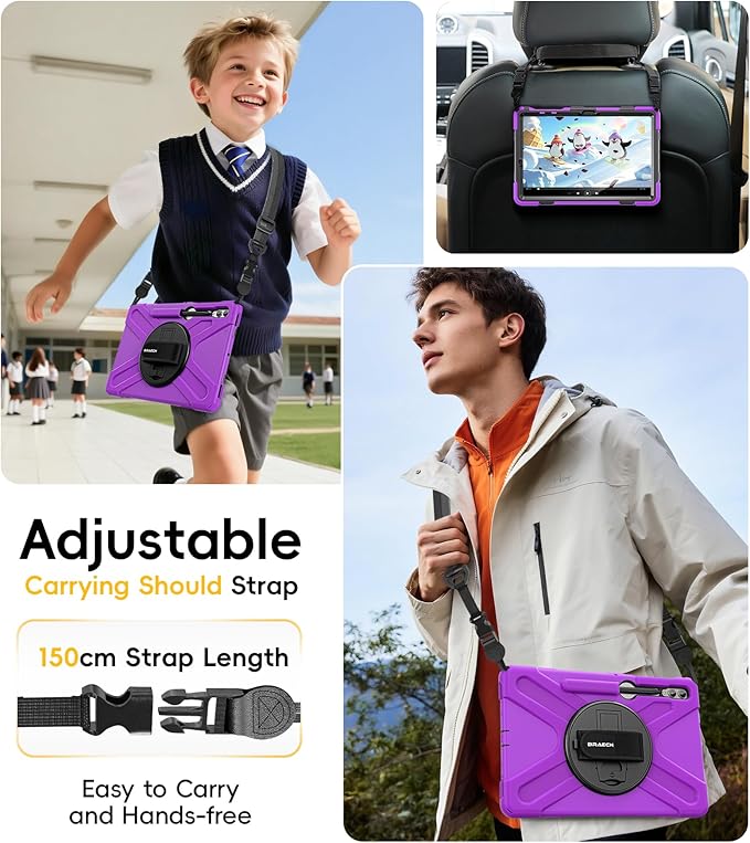 BRAECN for Samsung Galaxy Tab S10+ Plus/S9+/S9 FE + /S8+ Plus/S7 +Plus /S7 FE 12.4 Inch,Heavy Duty Shockproof Case with S Pen Holder&360 Rotating Hand Strap/Kickstand/Shoulder Strap -Purple
