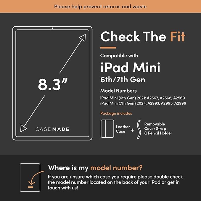 Casemade Real Leather Case Compatible with iPad mini 7 (A17 Pro) / 6th Gen (2021) - Full-Grain Leather Cover, Auto Sleep/Wake, Dual Stand Position (Black)