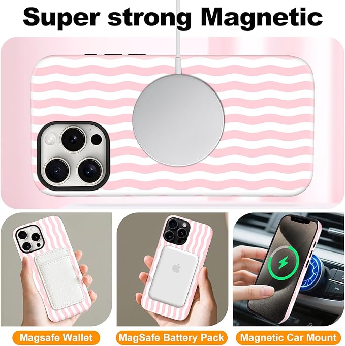 Magnetic for iPhone 13 Pro Max Case Cute Wavy Stripes Phone Case, Shockproof Slim TPU and Hard PC Protective Phone Cover Compatible with MagSafe Designed for Women Girls, Pink