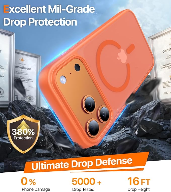 Magnetic for iPhone 17 Pro Case,[Anti-Slip][Compatible with MagSafe][Military Grade Drop Protection] Shockproof Protective Translucent Matte Phone Case for iPhone 17 Pro Case,Orange