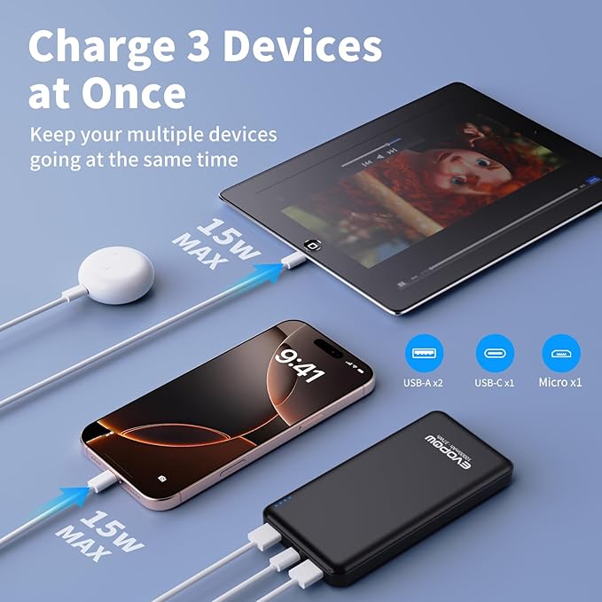 2 Pack Portable Charger, Slimmer 10000mAh Power Bank, USB C in&Out Fast Charging Battery Pack, External Portable Power Bank for iPhone 16 15 14 13 12 Tablet Headphones Samsung S23 S22 Pixel etc