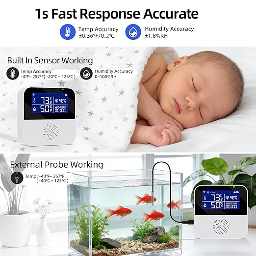 eMylo WiFi Thermometer Hygrometer with Waterproof Probe, Smart Indoor Temperature Humidity Monitor with Brightness Sensor, LED Backlit Screen, APP Control, Buzzer Alarm&App Alert,Compatible with Alexa