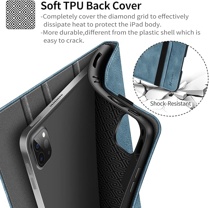 H HOLIMET Case for iPad Pro 11 inch M5 2025/M4 2024 with Pencil Holder Supports Pencil Pro and Pencil Auto Sleep/Wake Function Vegan Leather Smart Stand Cover (Blue)