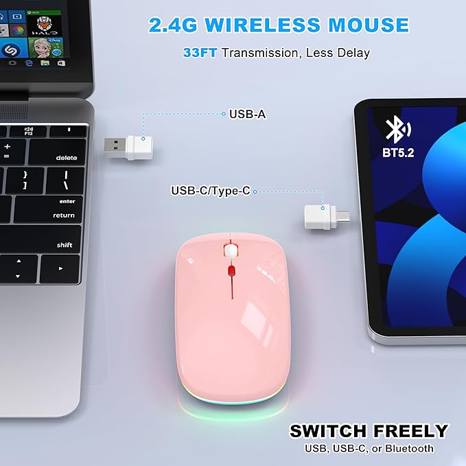 LED Bluetooth Wireless Mouse for MacBook Air/Pro, Laptop, iPad – Rechargeable Silent Light-Up Slim Mouse, Optical Dual Mode BT5.2 & USB-A/USB-C – for Students, Kids, Girls, Boys – Baby Pink