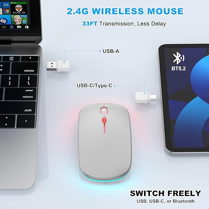 Bluetooth Wireless Mouse, Slim LED Rechargeable Silent Mouse with 2.4GHz USB-A/USB-C Receiver & Type-C Adapter, Compatible with Laptop, MacBook, iPad, iPad Pro,Mac,Tablet – Grey