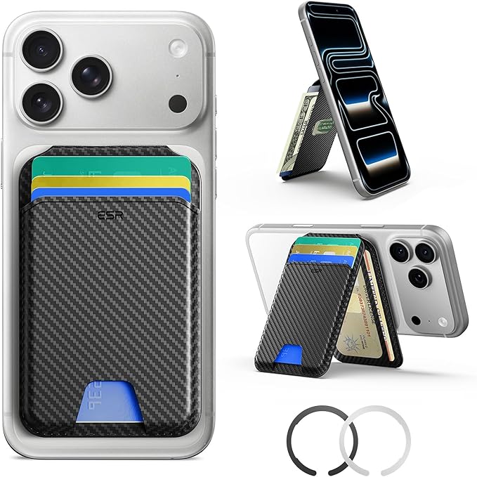 ESR for MagSafe Wallet Stand, RFID Blocking, MagSafe Ring Included, 5 Card Holder for Phone, Magnetic Wallet for iPhone 17e/17/16/15/14/13/12 Series (Not for Mini), Selected Samsung,Black Carbon Fiber