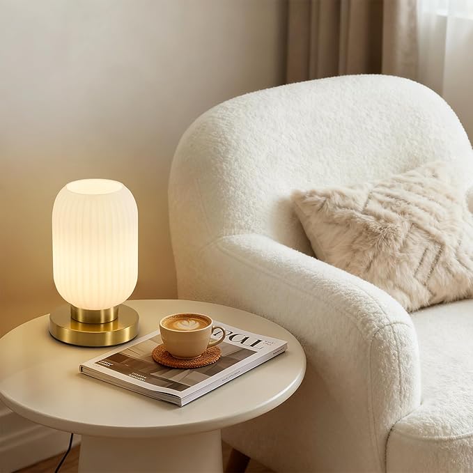 Glass Mid Century Table Lamp: 5.9" Milk White Ribbed Small Nightstand Bedside Vintage Desk Lamps - Cute Cozy Ambient Bedroom Night Lamp with Dimmable Plug in Cord - Modern e26 Grass Entryway Mcm Lamps