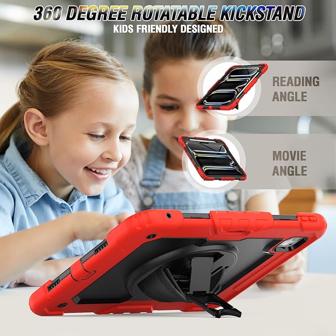 iPad Pro 11 Inch M4 Case 2024 for Kids with Screen Protector Pen Holder | Heavy Duty Shockproof Cover W/Stand Hand Strap Shoulder Strap for iPad Pro 11'' Model A2836/A2837/A3006 | Red