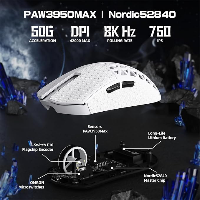 ATTACK SHARK R5 Ultra Wireless Gaming Mouse,Carbon Fiber Shell 39g Superlight,PAW3950MAX Optical Sensor Nordic 52840 MCU 8K Polling 42K DPI,Tri-Mode Programmable Mice with Coiled Cable-White&Griptape