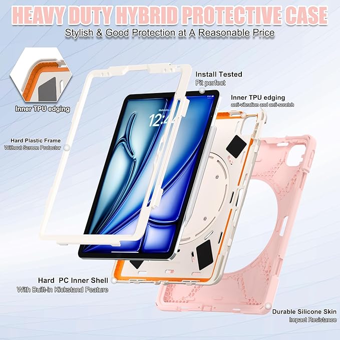 SCSVPN Case for iPad Air 13 inch M4/ M3/ M2 (2026/2025/2024) & iPad Pro 12.9 Case 6th/5th/4th/3rd Gen 2022 2021 2020 2018, Protective Cover w/Pencil Holder, Rotate Stand/Handle, Shoulder Strap, Pink