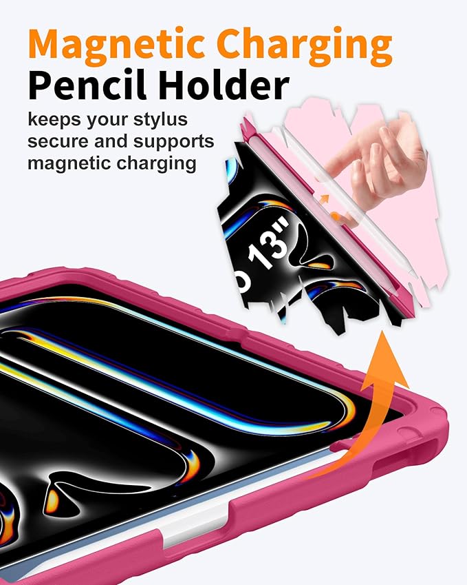 for iPad Air 13 Inch Case (M4 2026 / M3 2025 / M2 2024), Heavy Duty EVA Protective Cover with Magnetic Charging Pencil Holder, 360° Rotating Stand, for Kids, Work & Travel, Rose Red