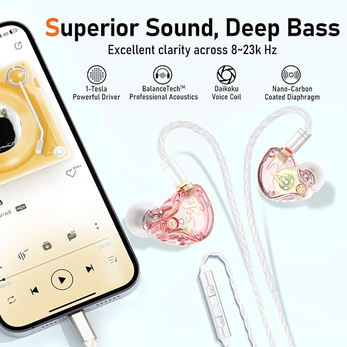 Vibes 202ML Wired Earbuds - HiFi in Ear Headphones for iPhone 5–14, Noise Isolating Ear Buds w/ Mic - Clear Sound, Deep Bass, Comfort-Fit Earphones - MMCX–LTN, Silver Plated Cord, Carrying Case