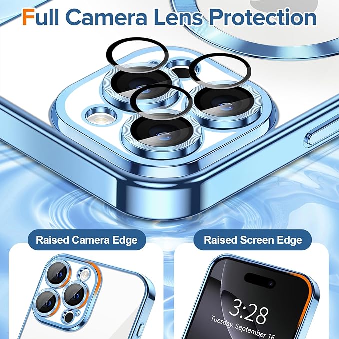 Hython Magnetic Clear for iPhone 16 Pro Max Case with Camera Lens Protector [Compatible with MagSafe] Plating Edge Slim Soft TPU Cover Protective Phone Case for iPhone 16 Pro Max 6.9", Light Blue