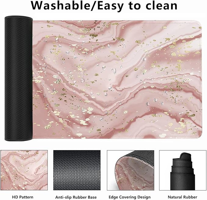 Liquid Marble Desk Mat,Abstract Marble with Gold Splatter Gaming Mouse Pad,Large Non-Slip Rubber Base Mousepad with Stitched Edges,Waterproof Mouse Mat Desk Pad for Office Game Home 35.4x15.75 in