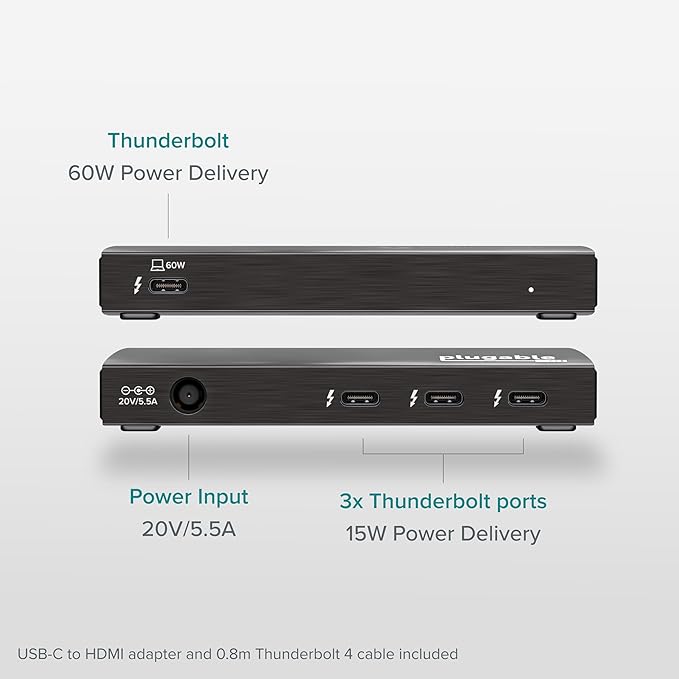 Plugable Thunderbolt 4 Hub Bundle with USB-C to 4K HDMI Adapter, 4-in-1 Hub Offers 60W Laptop Charging, Compatible with Mac, Windows Laptops, Thunderbolt 3 or 4, USB4 Device