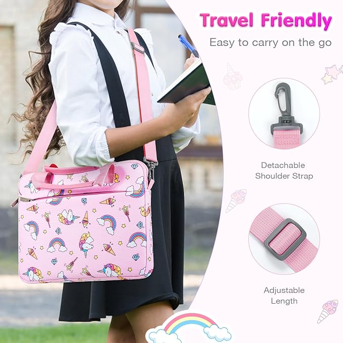 MoKo 10-12.5 Inch Kids Tablet Sleeve Carrying Case for Fire HD 10 13th/11th Gen, Fire HD 8/7 Kids 2022, Tablet Bag with Shoulder Strap for 10/10.1 Inch Android 12/13, Pink Unicorn