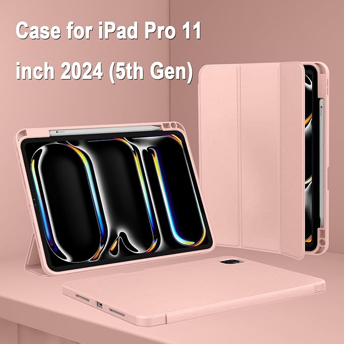 ZryXal iPad Pro 11 Inch Case (M5) 2025/ (M4) 2024 (Model: A2836/A2837/A3006), Trifold Stand Smart Cover with Pencil Holder and Soft TPU Back, Auto Wake/Sleep (Rose Gold)