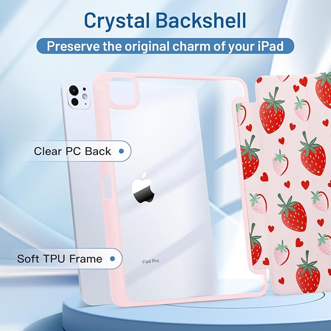 MrARTIST for for iPad Pro 11 Inch Case (M5/M4) 2025/2024 6th/5th Generation Case Cute for Women Girls Girly Kawaii Aesthetic Design for Apple Tablet Cover with Pencil Holder, Strawberry