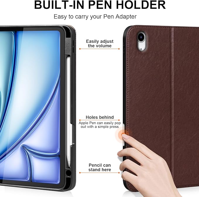 Leather Case for iPad Air 11" M4/M3/M2 (2026/2025/2024) & 10.9" 5th/4th Gen (2020/2022), Leather Folio with Pencil Holder, Auto Wake/Sleep, Adjustable Stand, Magnetic Closure- Red Brown