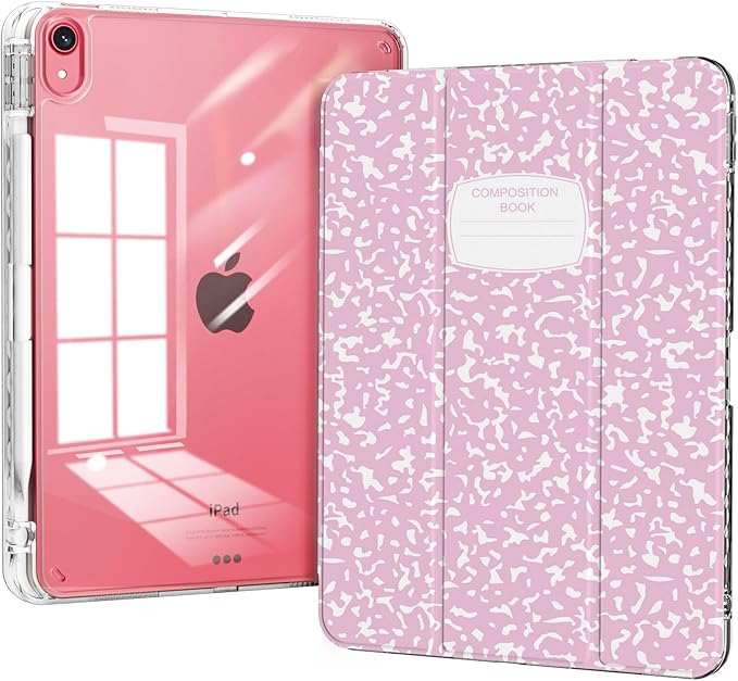 Case for iPad 11th Generation A16 Chip (2025), iPad 10th Generation (2022) Case, Protective Slim Clear Back Cover with Pencil Holder, Trifold Sturdy Stand, Pink Composition Book
