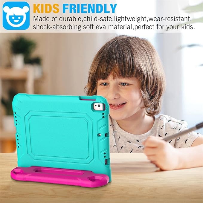 SUPLIK Kids Case for iPad 5th/6th Generation (9.7 inch, 2017/2018), iPad Air 1 & Air 2 & Pro 9.7 Case with Screen Protector, Durable Shockproof Protective Cover with Handle Stand, Cyan&Pink